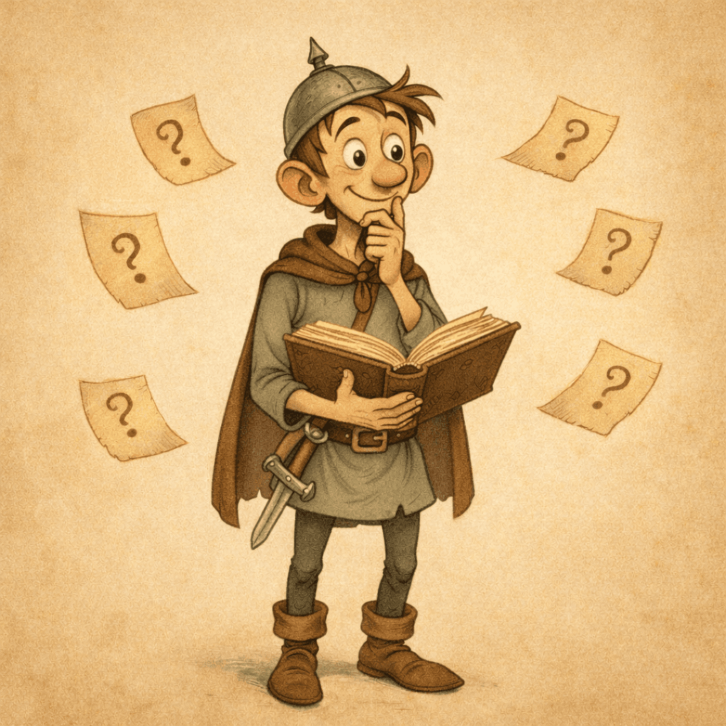 Oswald with a question mark and an open book